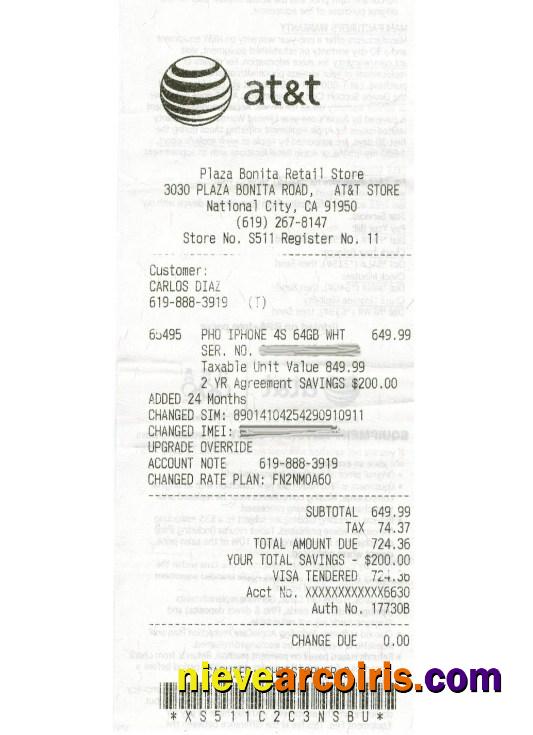 At&t telecommunications company receipt